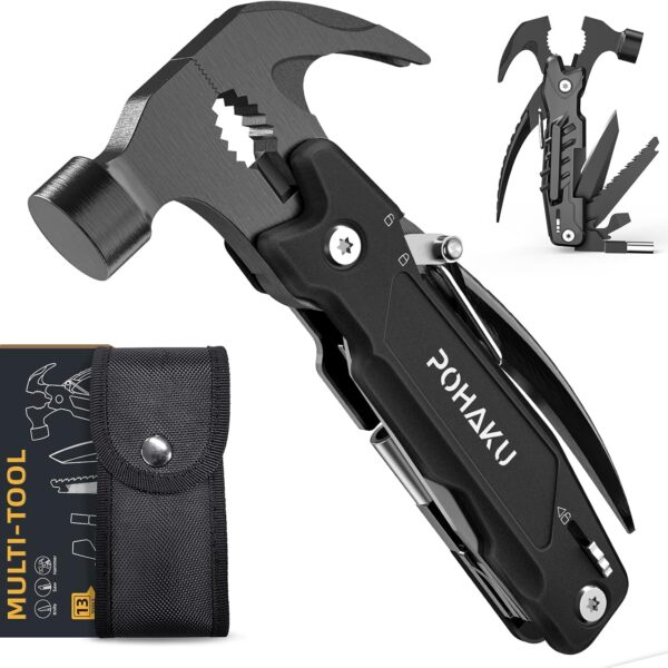 Pohaku 14-in-1 Multitool Hammer. Pohaku Multitool with DIY Stickers. Safety Lock. Screwdriver Bits Set and Durable Nylon Sheath. Multi Tool for Outdoor. Ideal Gifts for Father. Husband. Boyfriend