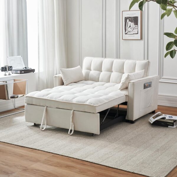54.8'' Sleeper Sofa Bed 3-in-1 Convertible Couch with Pullout Bed. Reclining Backrest. Storage Pockets – Modern Space Lounge Furniture for Living Room. Includes Toss Pillows.Beige