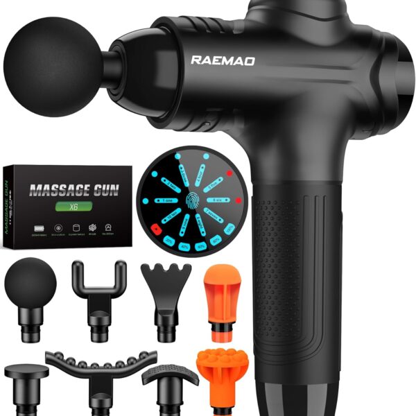 RAEMAO Massage Gun. Handheld Electric Deep Tissue Muscle Massager for Athletes for Pain Relief Attaching 8 Replacement Heads. Percussion Massager with 10 Speeds. Father's Day Gifts. Black