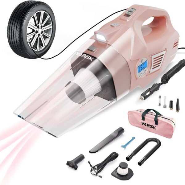 VARSK 4-in-1 Car Vacuum Cleaner High Power. Presents for Her Women Girls Mom. Pink Handheld Car Vacuum Portable Tire Inflator with Digital Tire Pressure Gauge LCD Display and Light. 12V DC. 15FT Cord
