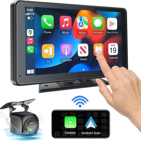 Portable Wireless with Apple CarPlay and Android Auto Screen for Car. 7 HD Touch Screen Car Stereo with Mirror Link. Bluetooth 5.2. Backup Camera. AUX.FM Transmitter for All Vehicle