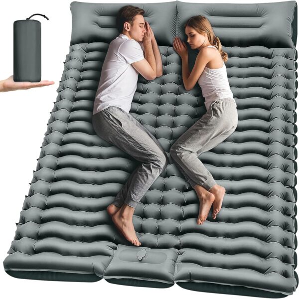 Double Camping Sleeping Pad. Inflatable Camping Pad Foot Press Ultralight 2 Person Camping Mat with Pillow for Camping Hiking Traveling Backpacking Tent-Gray