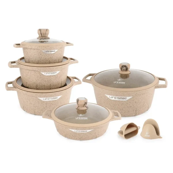 12 Pcs Non Stick Granite Cookware Set with Silicone Gloves